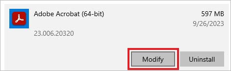 click on modify to repair apps causing the windows pc to show the no such interface supported error message