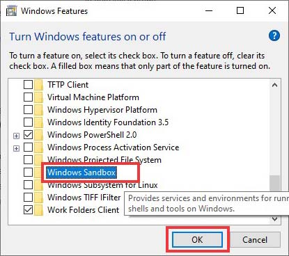 disable windows sandbox feature to resolve the bindflt.sys blue screen error