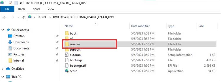 open the windows iso file using 7zip and click on sources