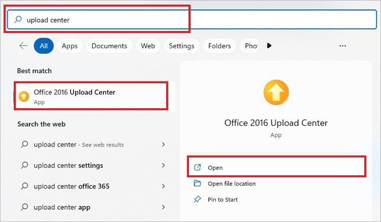 open Office 2016 Upload Center From Windows Search