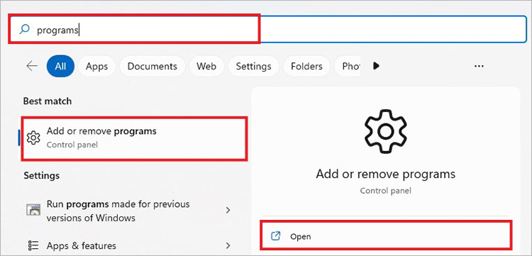 open add or remove pogram from Search