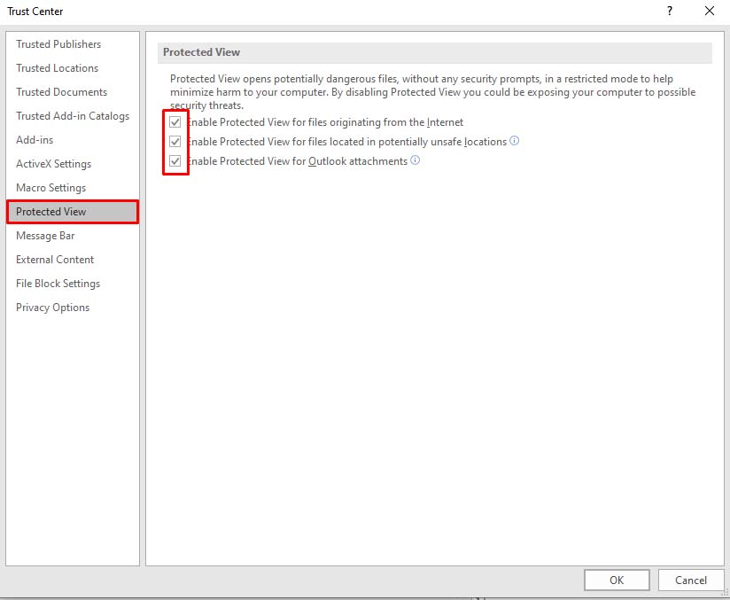 In the Trust Center Window, go to the Protected View tab and Disable all Protected View Checkboxes.