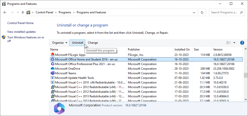 Microsoft Uninstall Program Window