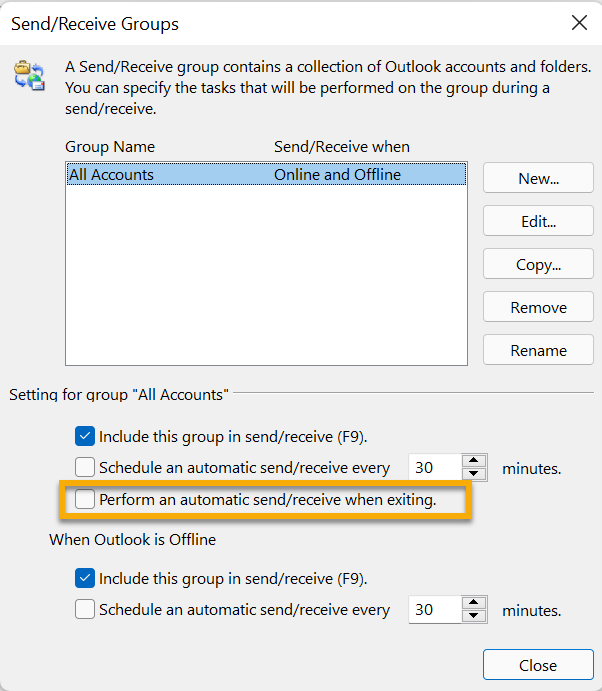  click the Perform an automatic send/receive when exiting option