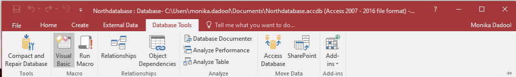 Clicking on database tools and then click visual basic