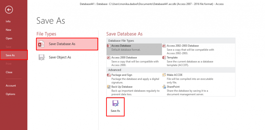 ClickIng save database as and then click ing save as option
