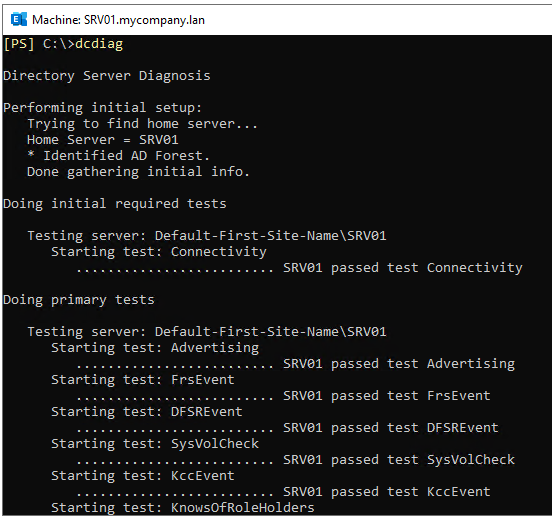 run dcdiag command to know the status and check for any issues in the Active Directory configuration and operational status
