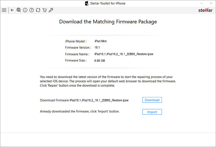 Stellar Toolkit for iPhone - select download or import firmware version