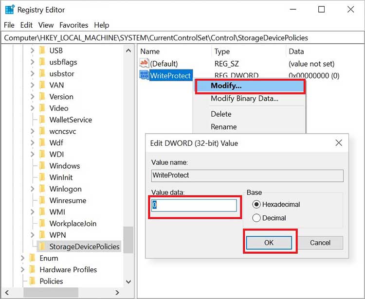 Disable write protection in sd card using registry editor 1