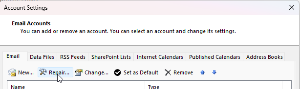 Choose your email profile under the Email tab and click Repair
