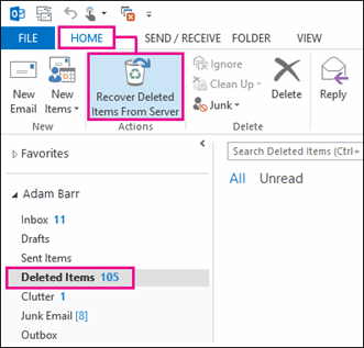 Choosing disappeared mail folder to restore deleted items on Outlook