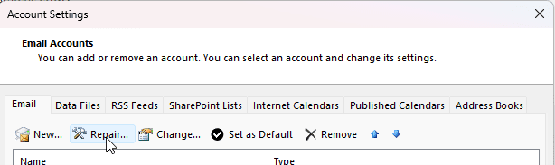 Repair option for Outlook profile
