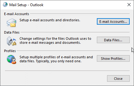 Mail setup window on Outlook