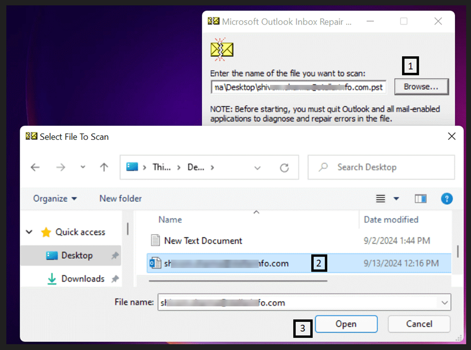 Selecting PST file for repair using ScanPST.exe