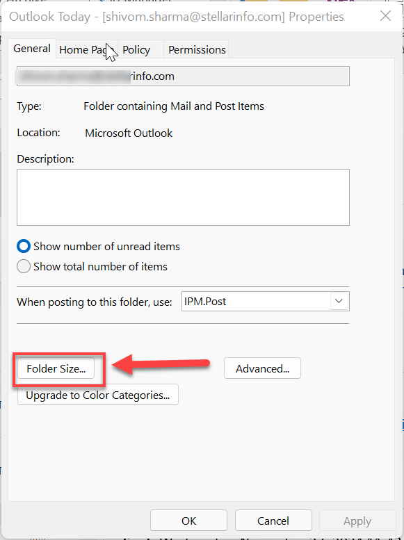 Outlook Properties in window