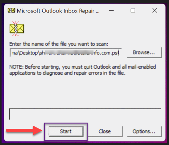 Initiaiting scan in the Inbox Repair Tool