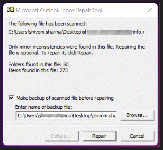 Repair Outlook Data file (PST) in ScanPST.exe