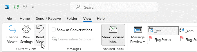 Reset View option in Outlook