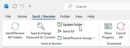 Update folder option in Outlook