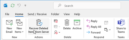 Recover Deleted Items from Server tab in Outlook