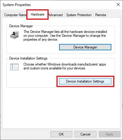 change the hardware device installation settings 