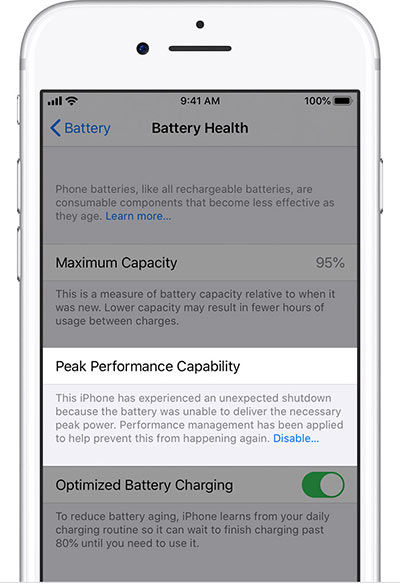 iphone settings battery health performance management applied