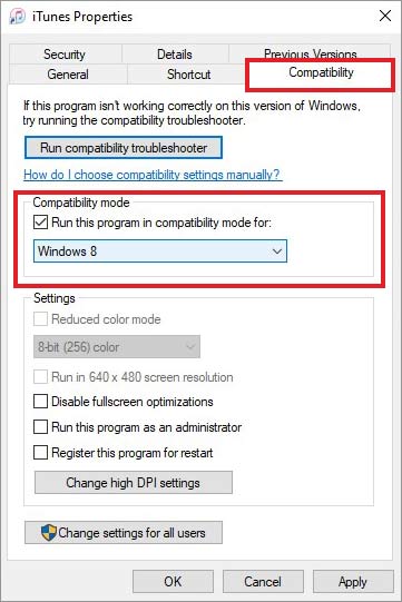 change compatibility settings to run the application causing exception illegal error