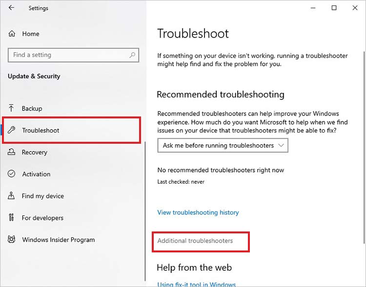 open troubleshooting options in windows settings app