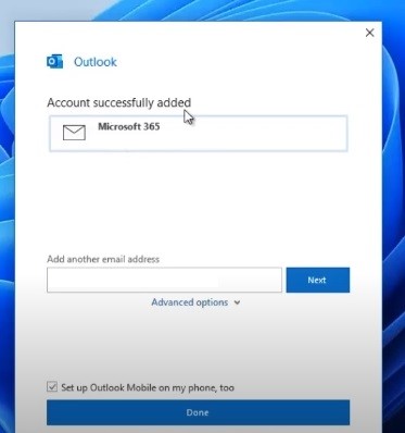Account Added in Outlook Window