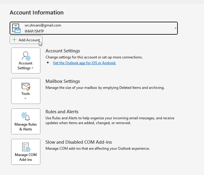 Account Information in Outlook