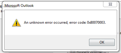 An unknown error occurred error code 0x80070003 in Outlook.