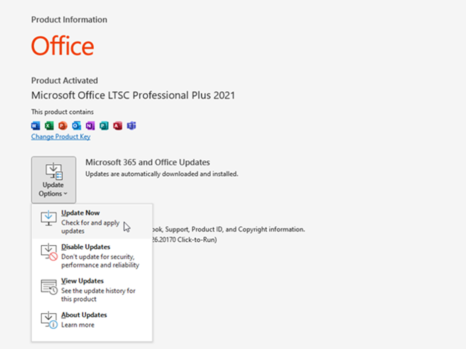 Go to File > Office Account > Update Options and select Update Now. This will check and show if any updates are available.