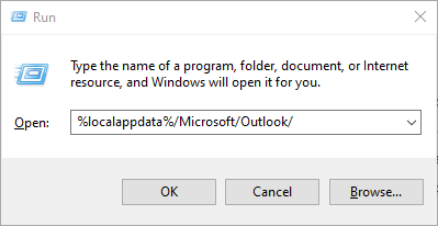 In the Run dialog box, paste %localappdata%/Microsoft/Outlook/.