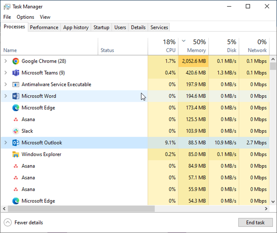 Find all Outlook processes, including Lync, Skype for Business, etc. Select them one by one and click the End Process button.