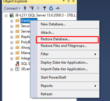 Clicking Restore Database option