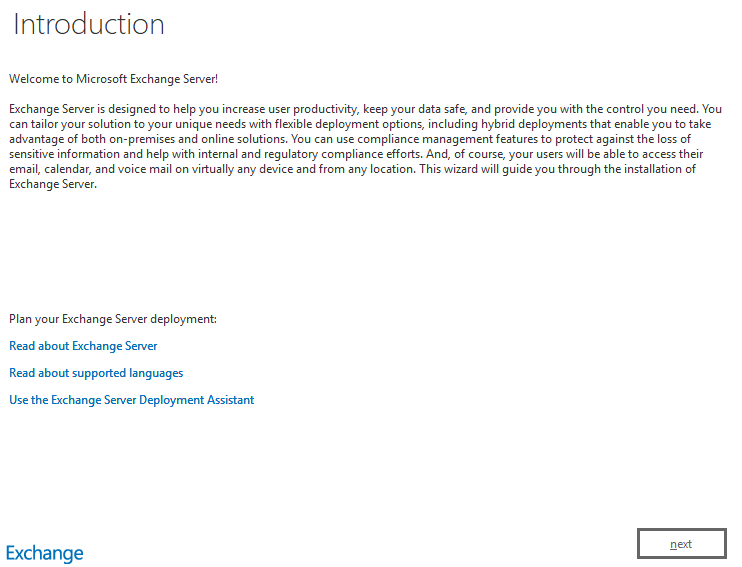 introduction screen of the Exchange Server installation