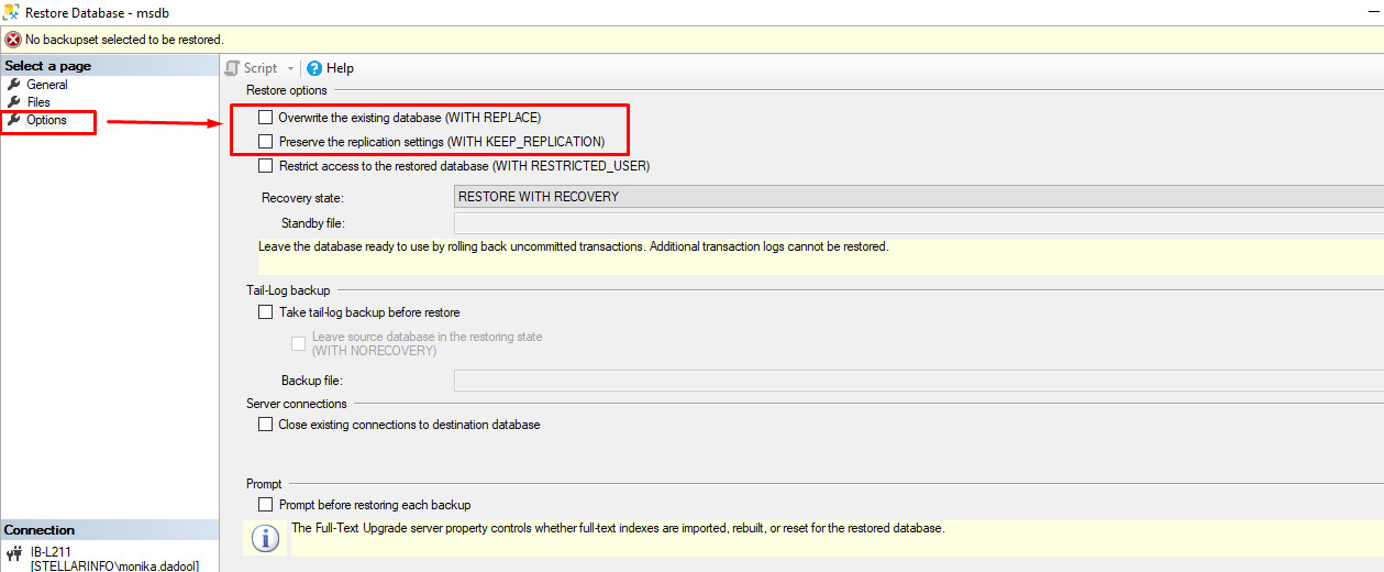 Selecting  Restore Options in SSMS