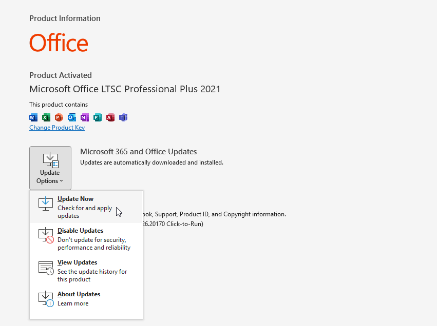 Click File > Office Account and then select Update Options > Update Now.