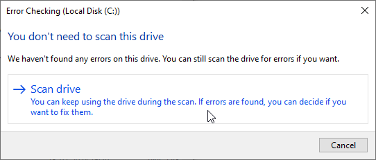 Click on the Scan drive option to scan the disk for bad sectors and fix them.
