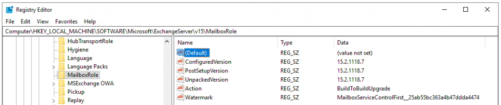 In the Registry Editor click on the MailboxRole key
