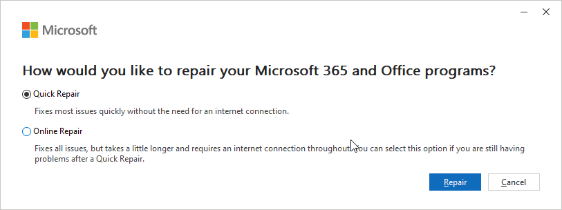 Quick Repair Microsoft 365