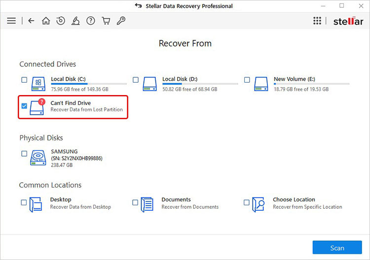 click on cant find drive option in Stellar data recovery professional