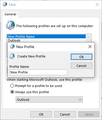 Create New profile option in Outlook