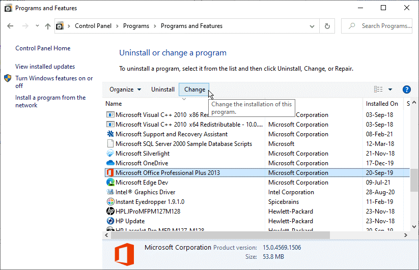 Microsoft Office change in program