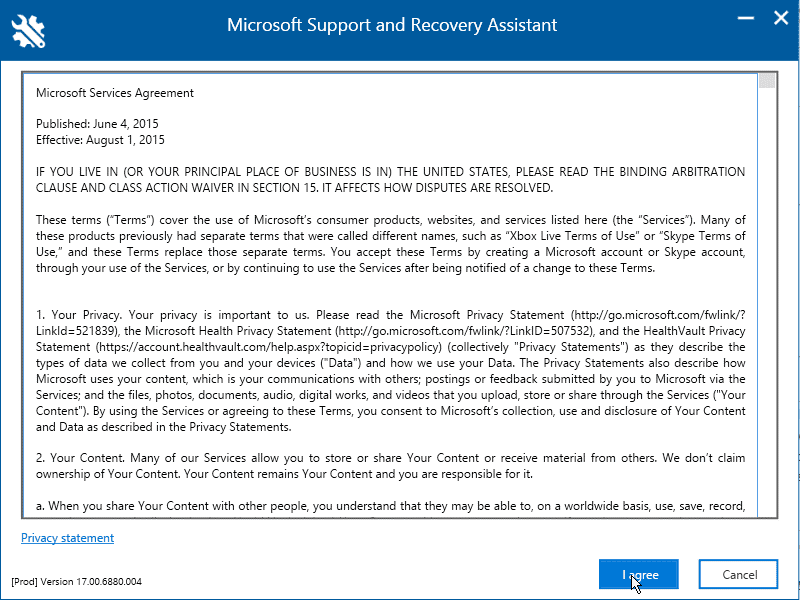 Microsoft Support and Recovery Assistant accept terms and condition