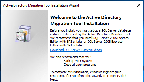 Welcome Window of Active Directory Migration Tool