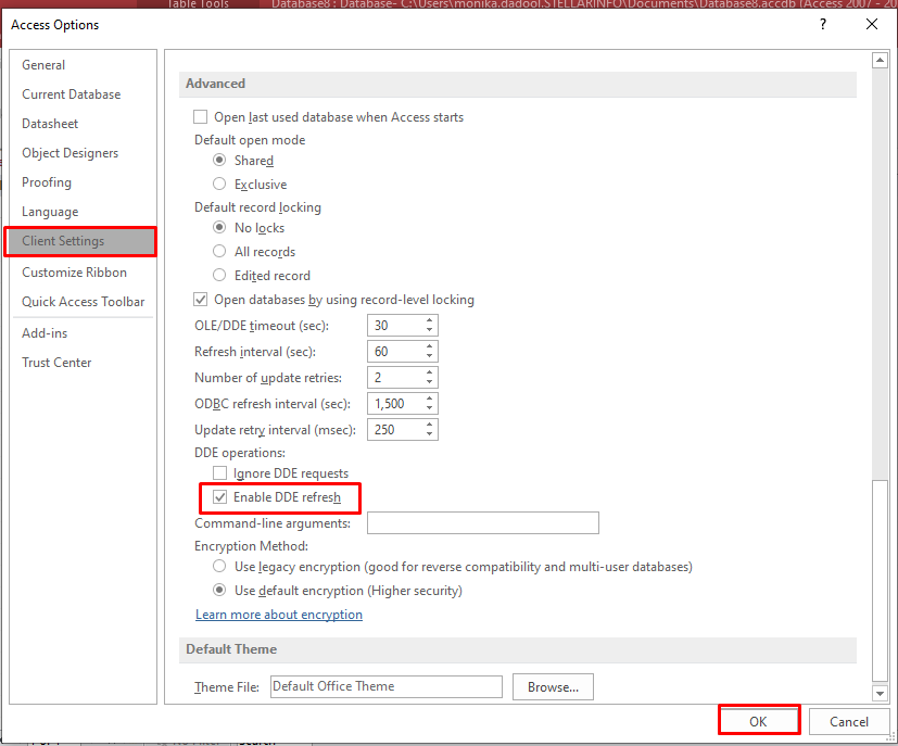 Enable DDE Refresh in Access Options