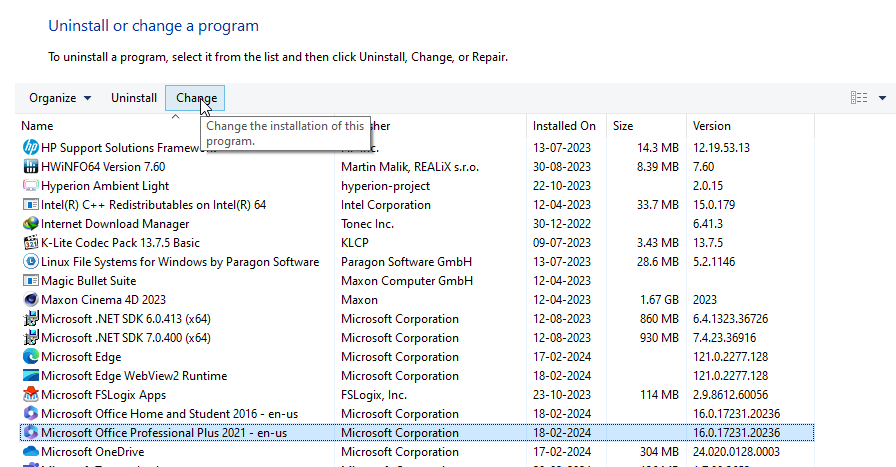 Find Microsoft Office or Outlook in the list select it and then click Change at the top.