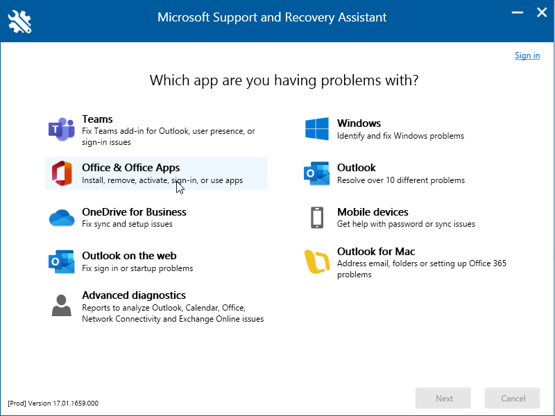 Microsoft Support and Recovery Assistant tool