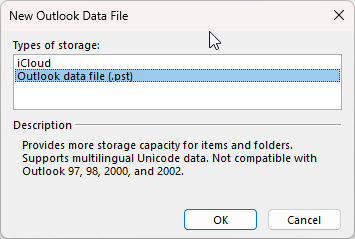 Select Outlook data file .pst from the options and click OK